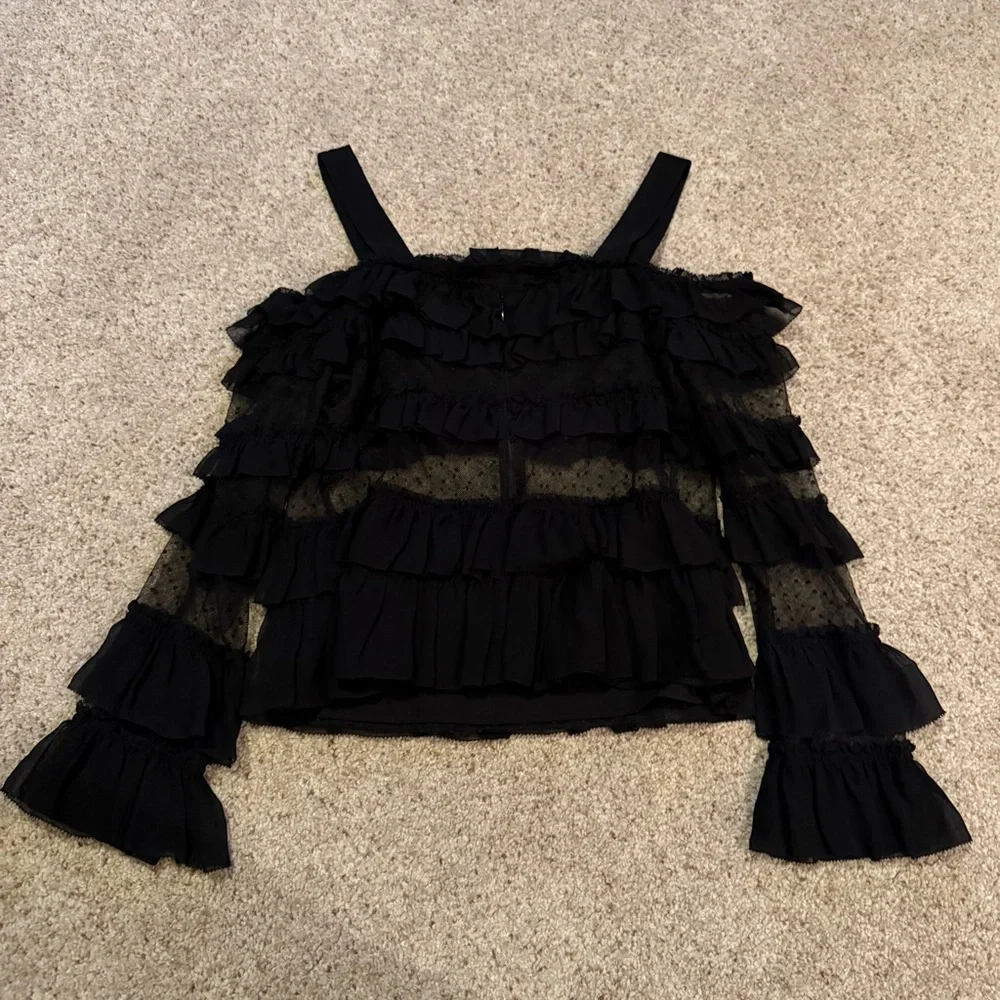 ALEXIS Karissa Cold Shoulder Polka Dot Swiss Dot Off the Shoulder Top in Black - Picture 4 of 6